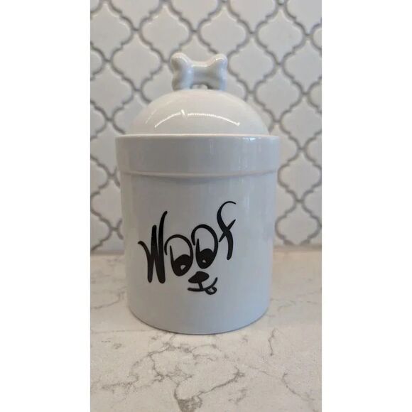 Faust Heirlooms Ceramic Fine Porcelain White Woof Dog Treat Jar USA